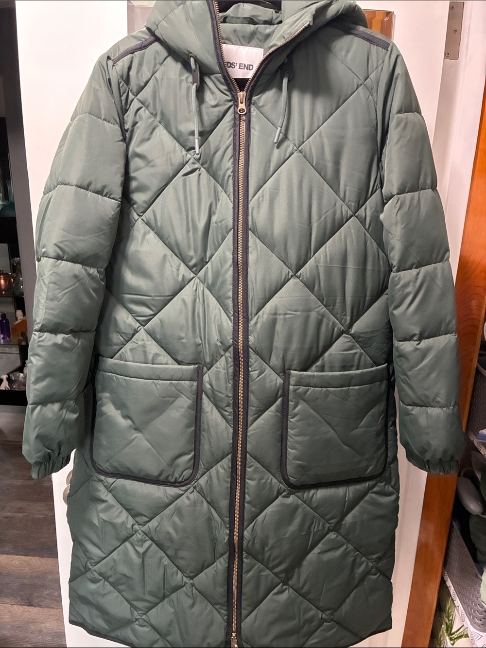 Lands' End Quilted Hooded Long Puffer Coat in Sage Green